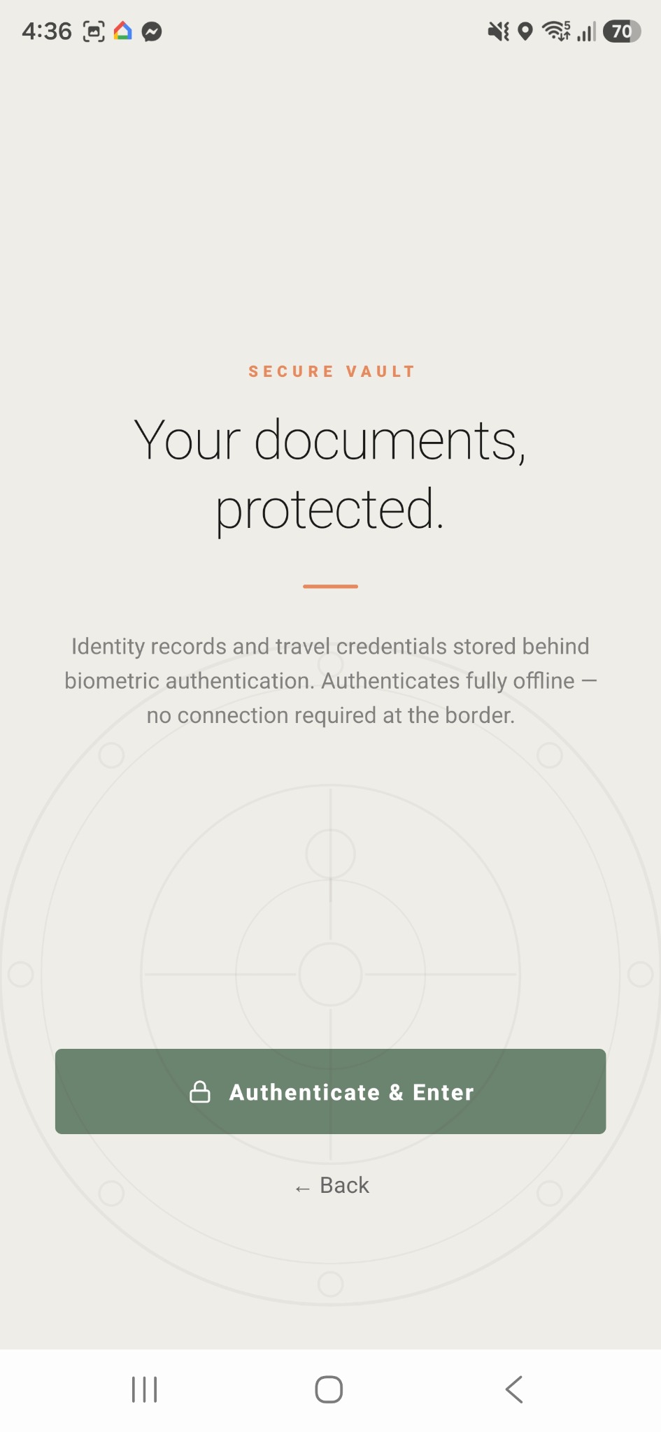 RoamTrip Secure Vault authentication screen